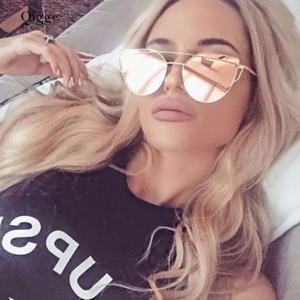 

2019 qigge fashion vintage cat eye sunglasses women brand metal rose gold mirror sun glasses female uv400, White;black
