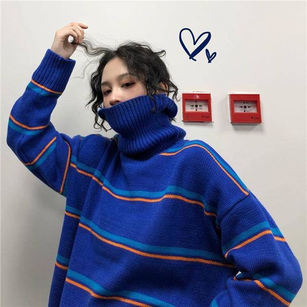 

harajuku high collar knitting sweater female new ulzzang hip hop korean casual bf loose warm striped pullover women sweater, White;black