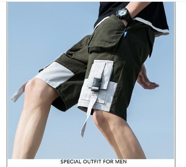 

mens summer cargo shorts casual loose pockets designer half length shorts solid color hiphop clothes, White;black