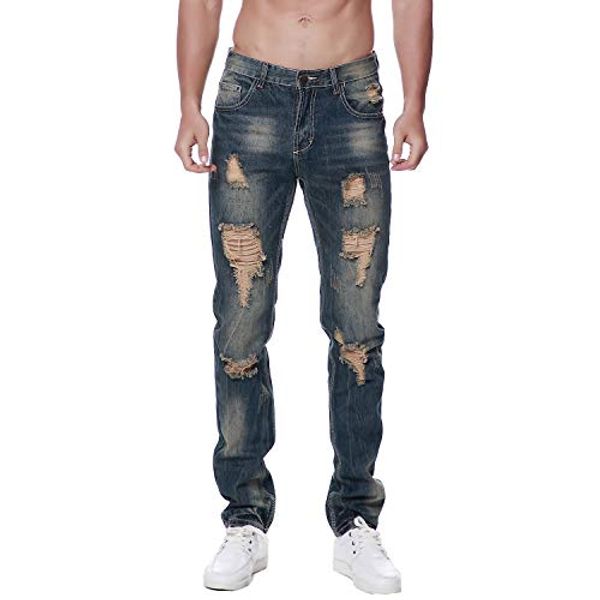

previn men's distressed denim jeans ripped destroy tousers holes freyed slim straight pants, Blue