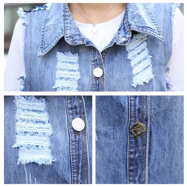 

bust (100-130cm) plus size jacket sleeveless summer oversized denim vest women sequin boyfriend ripped jeans vest long waistcoat, Black;white