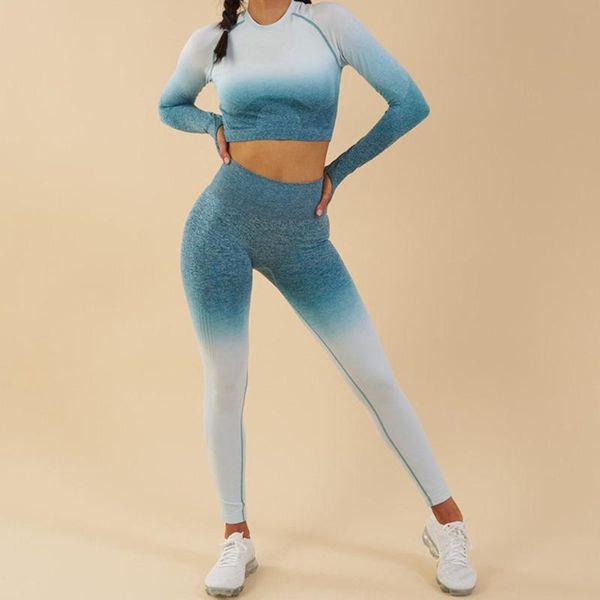 

women yoga set gym clothing seamless gradient leggings+long sleeve workout sport suit women fitness set active wear