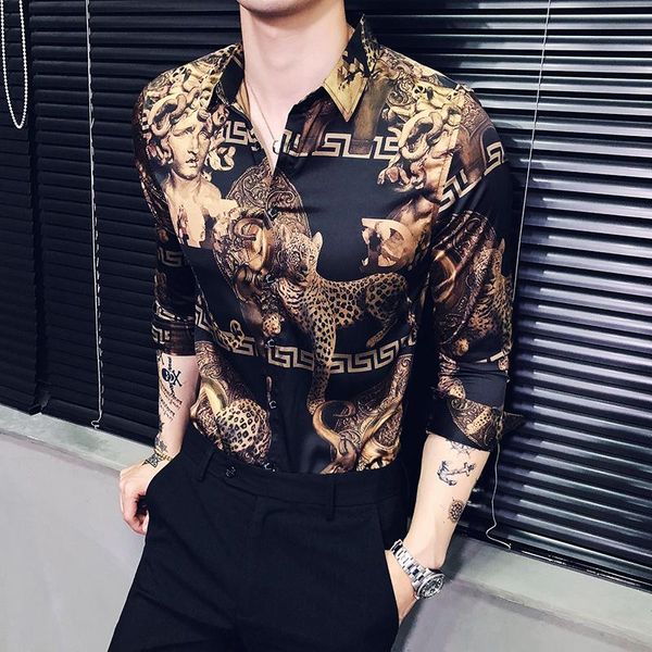 

luxury baroque shirts designer shirts mens gold social club shirtslim fit black gold mens camisa masculina 2019 spring, White;black