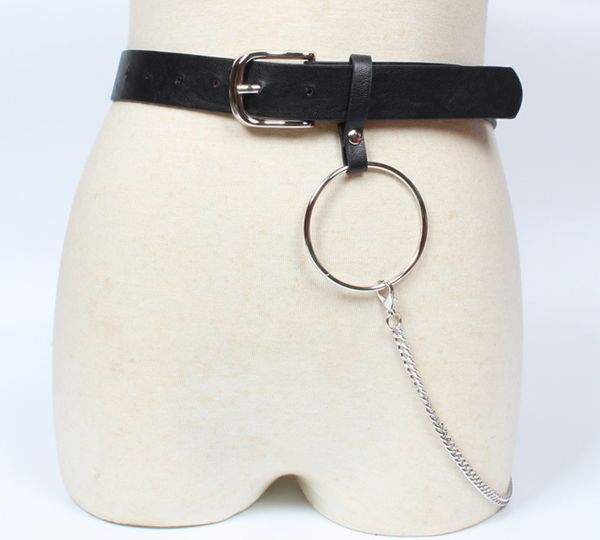 

new fashion designer leather punk harajuku big o ring chain belt exaggerated big metal ring metal hoop belt for women, Black;brown