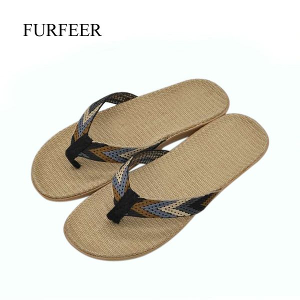 

furfeer men's new arrival linen flip flops men's flat non-slip flax slippers male's beach flip flops home slippers drop shipp, Black