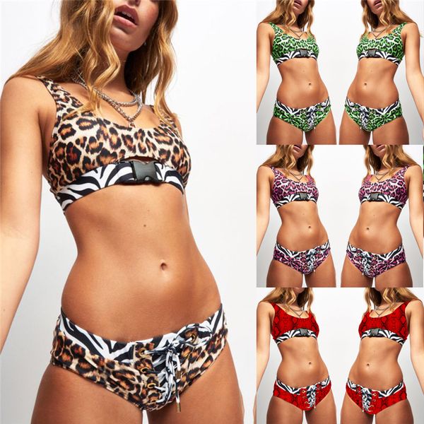 

summer 2019 new women leopard bikini set push-up padded bra bandage buckle swimsuit swimwear triangle bather suit swimming suit