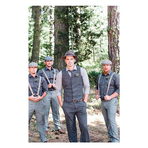 

wedding tuxedos 2019 men's slim fit herringbotweed suits vest premium wool blend waistcoat business suit vest (vest+pants)s, Black;gray