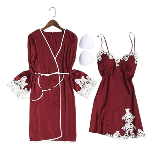 

lace satins silk 2-piece robe dress women pajamas sets korea fashion robes spaghetti straps pijamas sleepwear indoor, Black;red