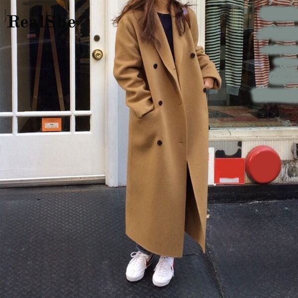 

realshe coats and jackets women turn-down collar long sleeve pockets buttons women jacket 2020 spring casual wool coat, Black