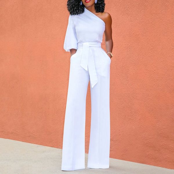 

women jumpsuit one shoulder with sashes pockets officewear romper combinaison fashion female jumpsuits for elegant lady clothing, Black;white