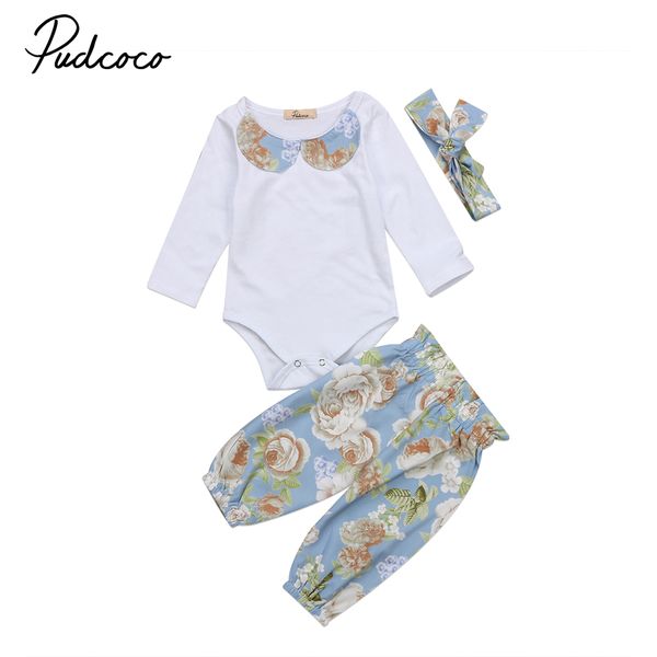 

pudcoco arrivals infant newborn toddler kids baby girls floral pants 3pcs casual cute flower outfits set clothes, White