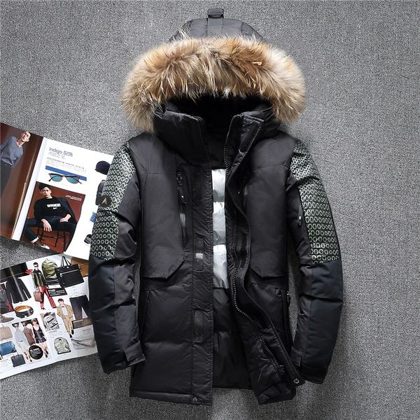 

2019 high endmen's winter down jacket coat parka fashion thick warm fur collar hooded waterproof outerwear -30 degrees, Black