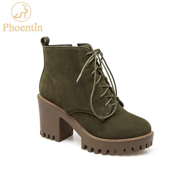 

phoentin platform ankle boots for women new round toe high heel 8cm lace up boots army green zip open women's shoes ft173, Black