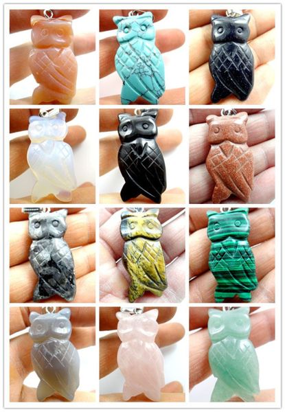 

natural stone tumbled gem quartz crystal turquoises aventurine tiger eye owl pendant for diy jewelry making necklace accessories, Silver