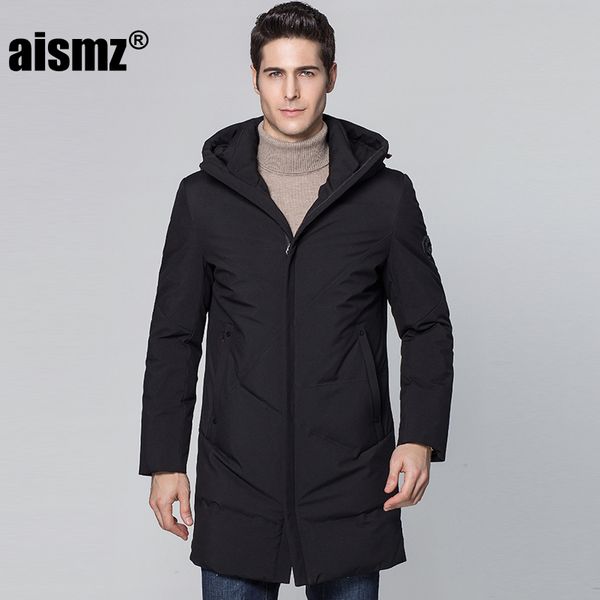 

aismz winter warm hooded men down jackets casual x-long duck down waterproo coats & jackets thicken outwear casual solid parkas, Black