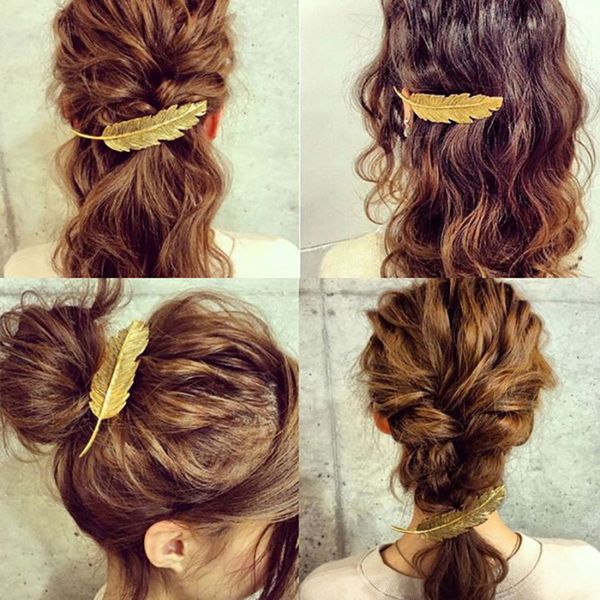 

jujia 2019 summer alloy feather hairpin retro one-word clip liu hai clip korean fashion hairpin hair jewelry gifts wholesal, Golden;white