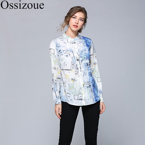

women graffiti printing blouses 2019 summer office long sleeve stand collar blouse ladies shirts tunic plus size blusas femme, White