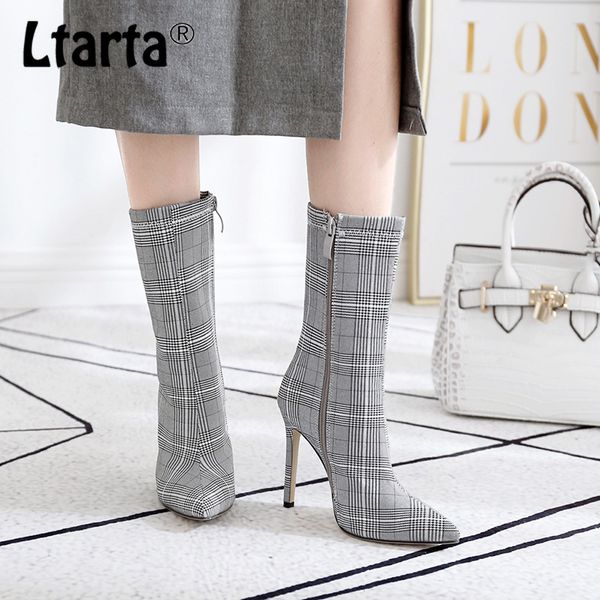 

ltarta women's short boots plaid grey point toe high-heeled boots 2019 autumn women fashion new . zl-9006-1, Black
