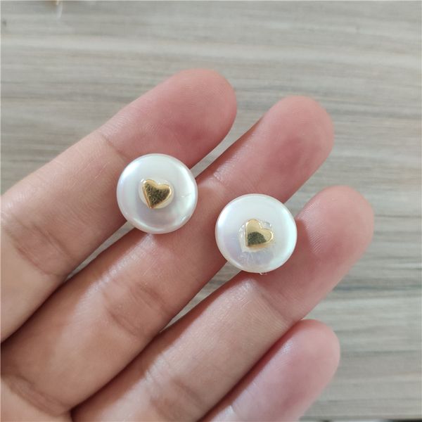 

gold tiny solid heart charm natural coin freshwater pearl bead charm chic elegant button stud earring for women wedding birthday, Golden;silver