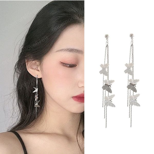 Longa borla brincos borboleta para mulheres Ouro / Prata Metal Cor elegante oco Penetrante Oreille coreana Dangling Brincos