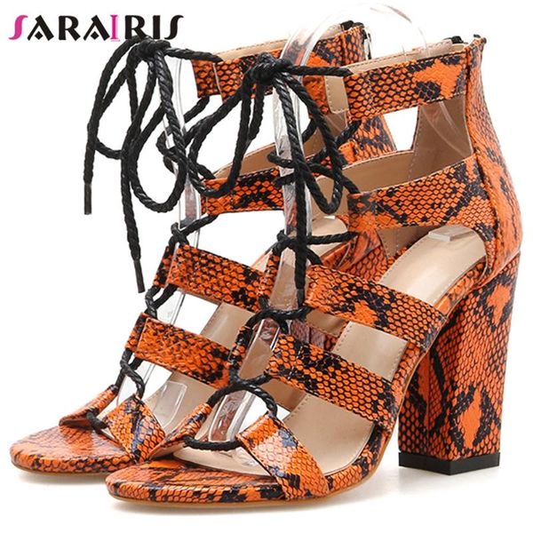 

sarairis высокий блок каблуки гладиатор сандалии женская мода лето партия сандалии дамы новая мода ins животных печати рим обувь, Black