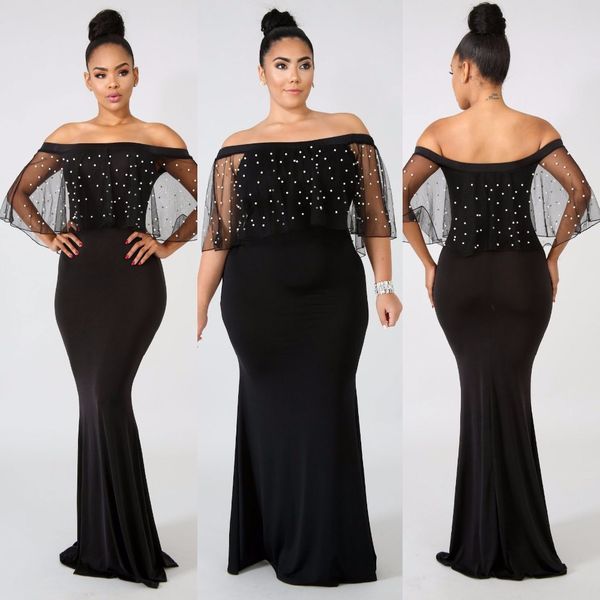 

разрез шеи pearls сетки ruffles длинные русалка платья vestidos verano черный off плеча до пола длина макси платье партии женщины, Black;pink