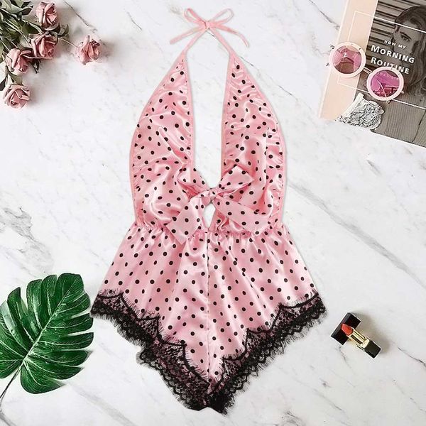 

sleep pajama silk satin sleepwear women pyjama femme polk dot pink lace bow lingerie bodysuit backless 7/19, Black;red