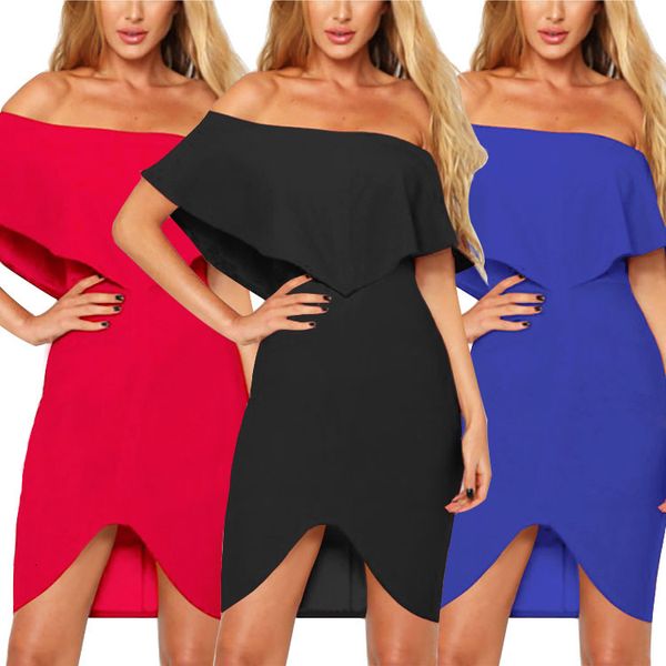 

women's quality wear lotus leaf edge one shoulder length full pure color irregular dress, Red;white