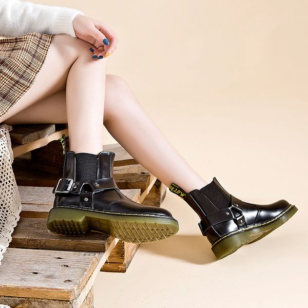 

women's boots quality genuine leather shoes autumn women black ankle boot slip-on ladies platform shoes plus size 35-44