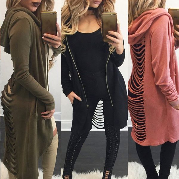 

women's cut-out back hooded hoodie long cardigan trench coat zipper up solid jackets, Black;white