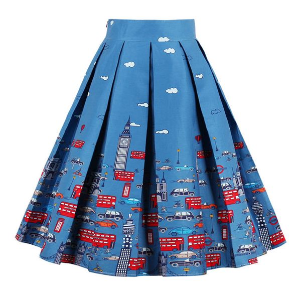

rockabilly skirts women high-waist print style office lady retro vintage 50s 60s big swing pinup large pleated skirt jupe femme, Black