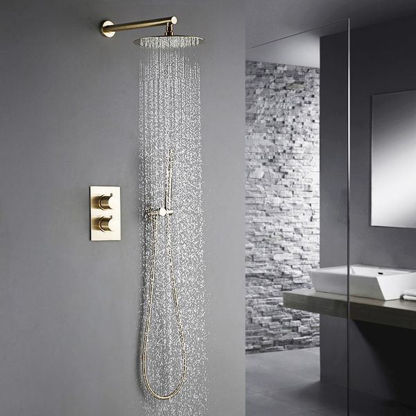 

bathroom faucet brushed gold shower set 2 dial two ways diverter thermostatic control mixing valve rainshwoer sets