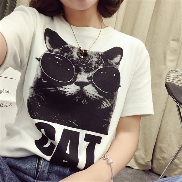 

2019 cat head shoulder short sleeve t-shirt female khaki yellow student letters ~ 2019 cat head shoulder short sleeve t-shirt female k, White
