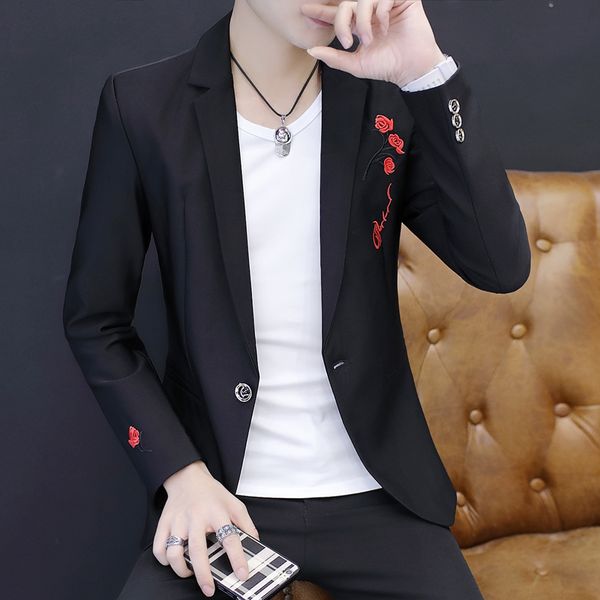 

asian size men blazers slim fit fashion 2019 men suit jacket rose black jacquard fabric mens blazer flower coat, White;black
