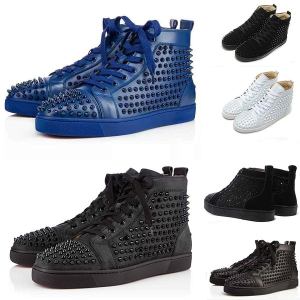 

With Box 2019 New Luxury Designer Punk Style Boots Mens Womens Studded casual Shoes Fashion Black Blue Red Flats Bottoms Leather Sneakers