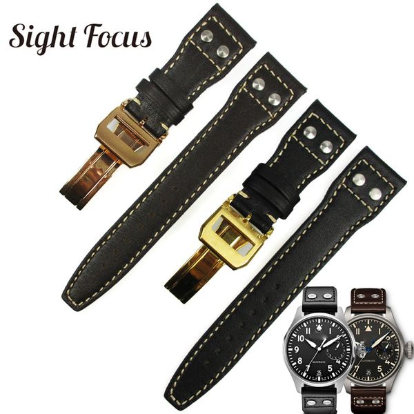 

22mm rivets studded calf leather watch strap for big pilot mark 17 smooth watch band black coffee watchbands belt bracelet, Black;brown