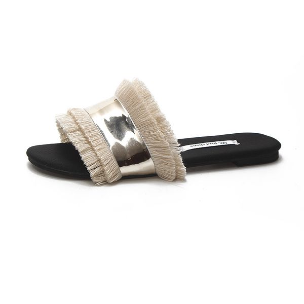 

women slippers fashion metal bling slides fur fringe flip flops summer flat slides outside ladies shoes women summer, Black