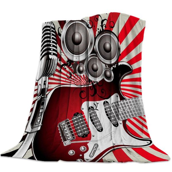 

fleece throw bed blanket lightweight super soft cozy guitar microphone notes horn retro blanket gift for adults kids