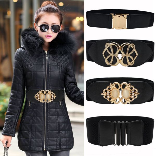 

new black waistband lady gold big opal buckle wide cummerbunds wedding dress elastic stretch waist belt coat cummerbunds women, Black;brown