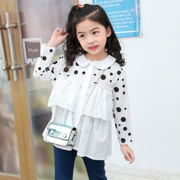 

girl doll collar long-sleeved baby doll shirt autumn cotton medium-and-large children's foreign style polka dot shirt, White;black