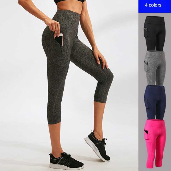 

women yoga pants pocket fitness running elastic quick-dry high waist hip tight capri pants women track sweatpants, Black;blue