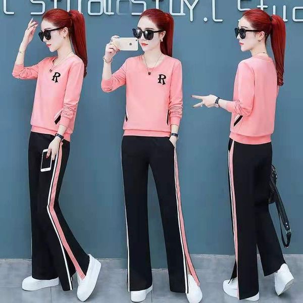 

sports 2 piece set female spring new temperament loose two piece set solid color shirt stripe pants purple yellow red pink, White