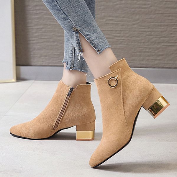 

women shoes boots fashion high heels ankle boots block heel flock short women lady casual botas mujer, Black