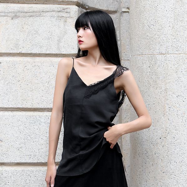 

lanmrem pre sale chic one-shoulder lace camisole tank for women 2020 summer new v collar black sleeveless yj567, White