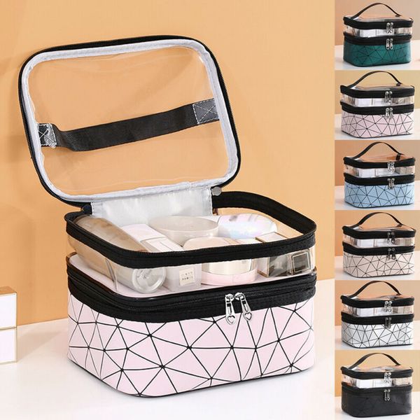 

fashion women see through diamond lattice double layer travel cosmetic makeup bags toiletry case pouch wash storage bags box