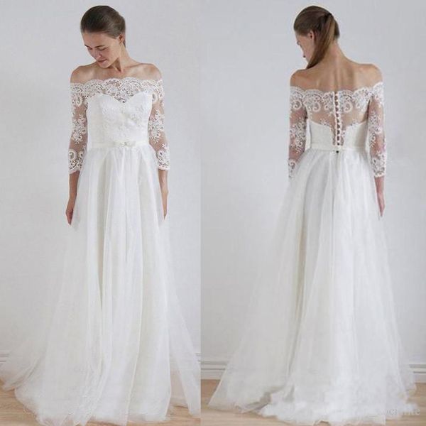 

Plus Size Off Shoulder Wedding Gown 2019 Newest 3/4 Sleeves Covered Button Sweep Train Tulle Lace Wedding Dresses Vestidos De Novia