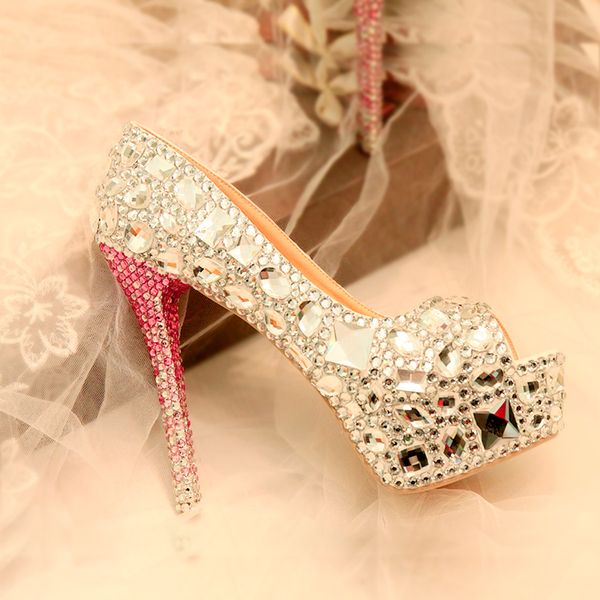 

luxury crystal peep toe women wedding shoes super high heels fish toe fashion shoes woman high heels real leather platform shoe, Black