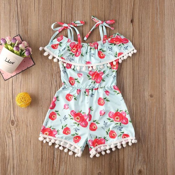 

newborn infant baby girls off shoulder tassel ruffle romper jumpsuit floral cotton outfit, Blue