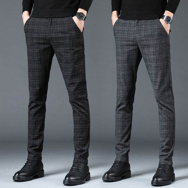

pants men elastic classic business casual long trousers male cotton plaid straight work pant plus size 28-38, Black