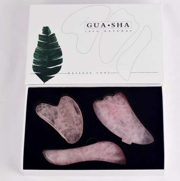 100% natürliches Gesicht Schlampe Rosenquarz Gua Sha Set Neck Body Massage Guasha Tool mit Boxpaket
